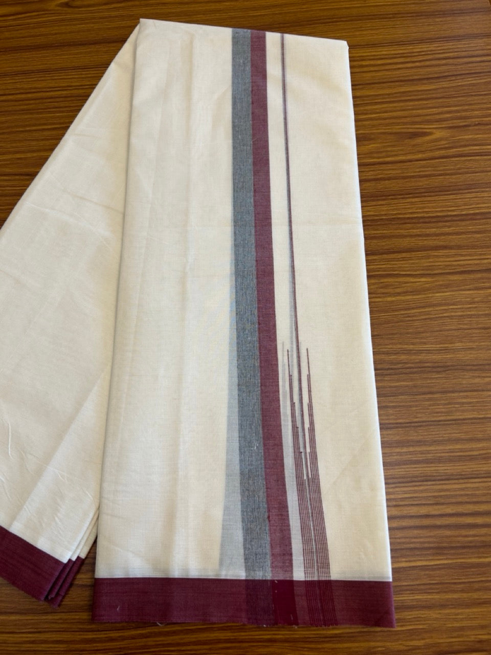 10% Discount!!! KaithariKada Balaramapuram  Double Off white - (Unbleached) Mundu/Dhoti - 80X90 - 1.75 inch Maroon & Black Shaded puliyilakkara striped chutty - 3KK5042KAI