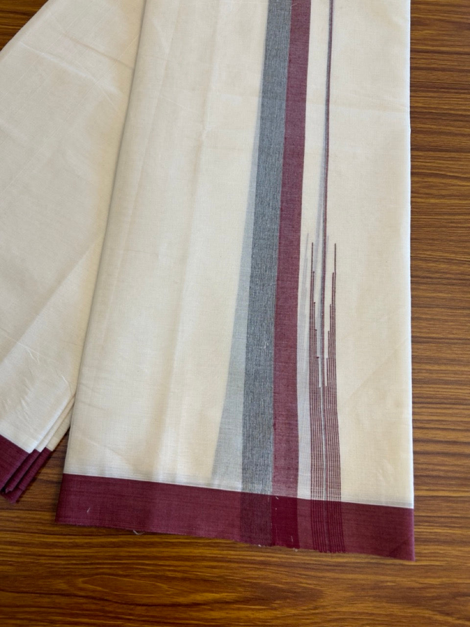 10% Discount!!! KaithariKada Balaramapuram  Double Off white - (Unbleached) Mundu/Dhoti - 80X90 - 1.75 inch Maroon & Black Shaded puliyilakkara striped chutty - 3KK5042KAI