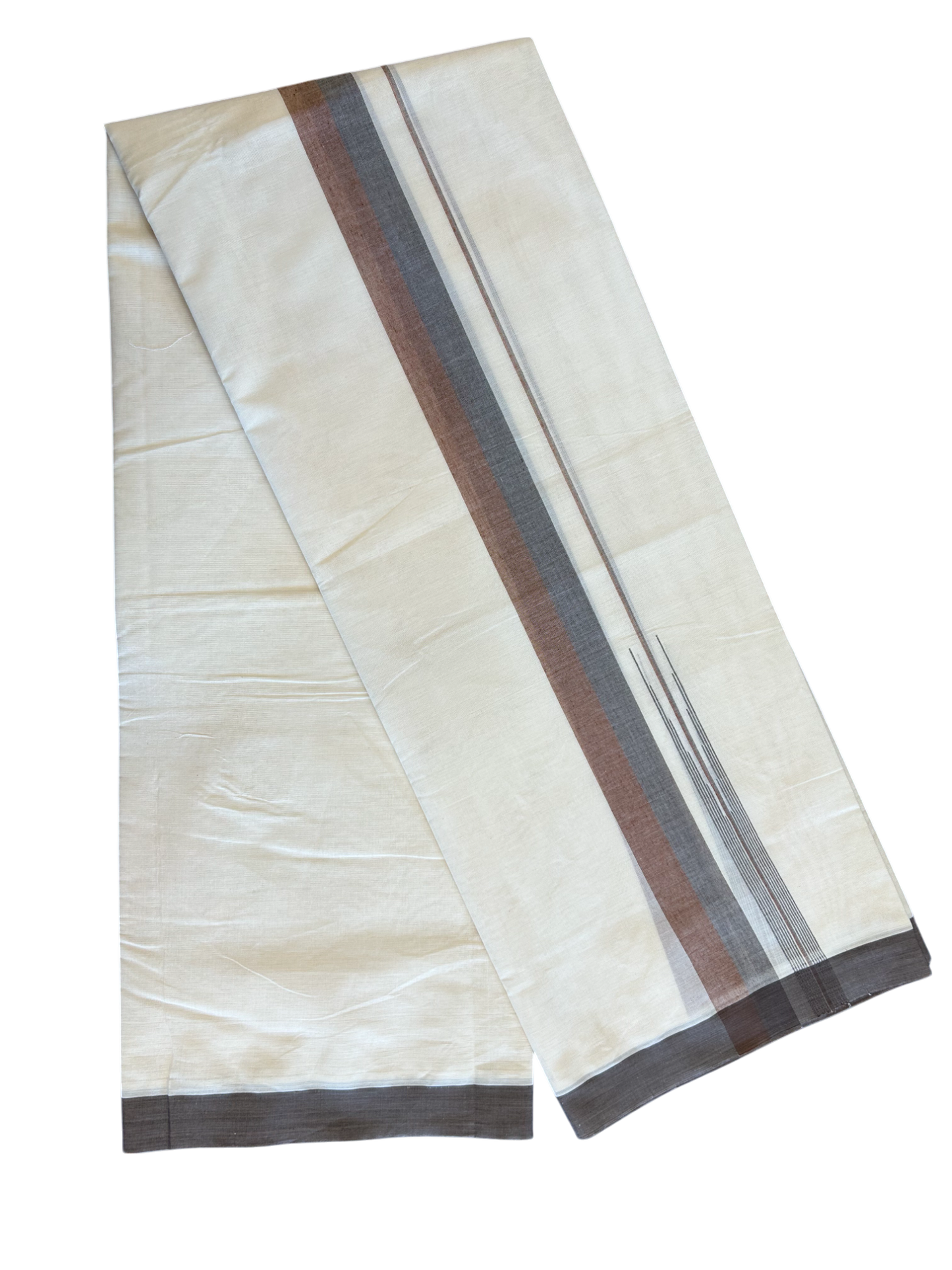 10% Discount!!! KaithariKada Balaramapuram  Double Off white - (Unbleached) Mundu/Dhoti - 80X90 - 1.75 inch  Chocolate brown & Brown  puliyilakkara striped chutty - 5KK5042KAI