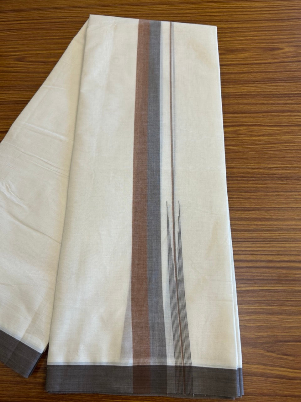 10% Discount!!! KaithariKada Balaramapuram  Double Off white - (Unbleached) Mundu/Dhoti - 80X90 - 1.75 inch  Chocolate brown & Brown  puliyilakkara striped chutty - 5KK5042KAI