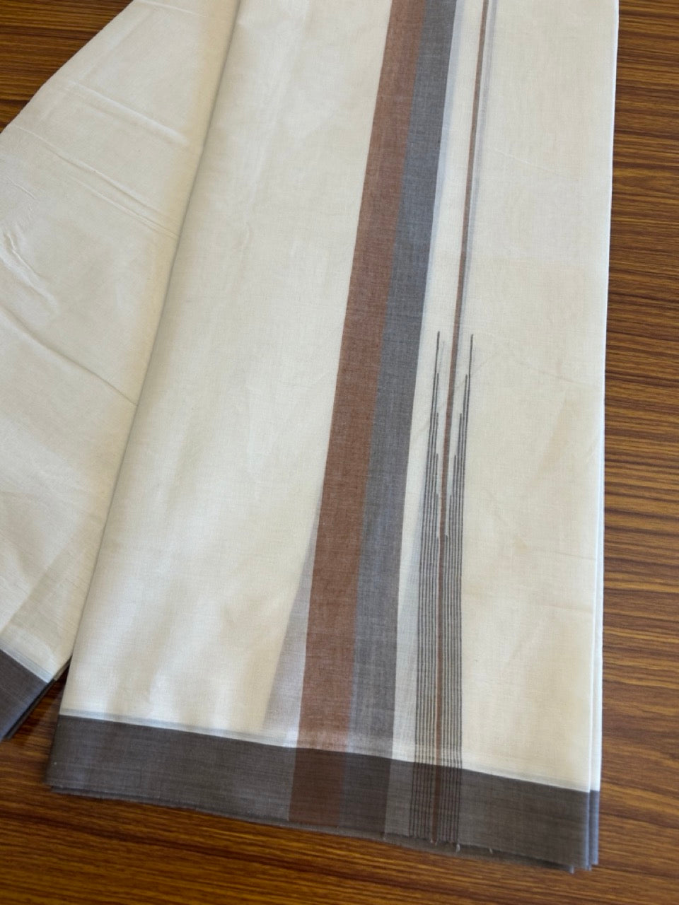 10% Discount!!! KaithariKada Balaramapuram  Double Off white - (Unbleached) Mundu/Dhoti - 80X90 - 1.75 inch  Chocolate brown & Brown  puliyilakkara striped chutty - 5KK5042KAI