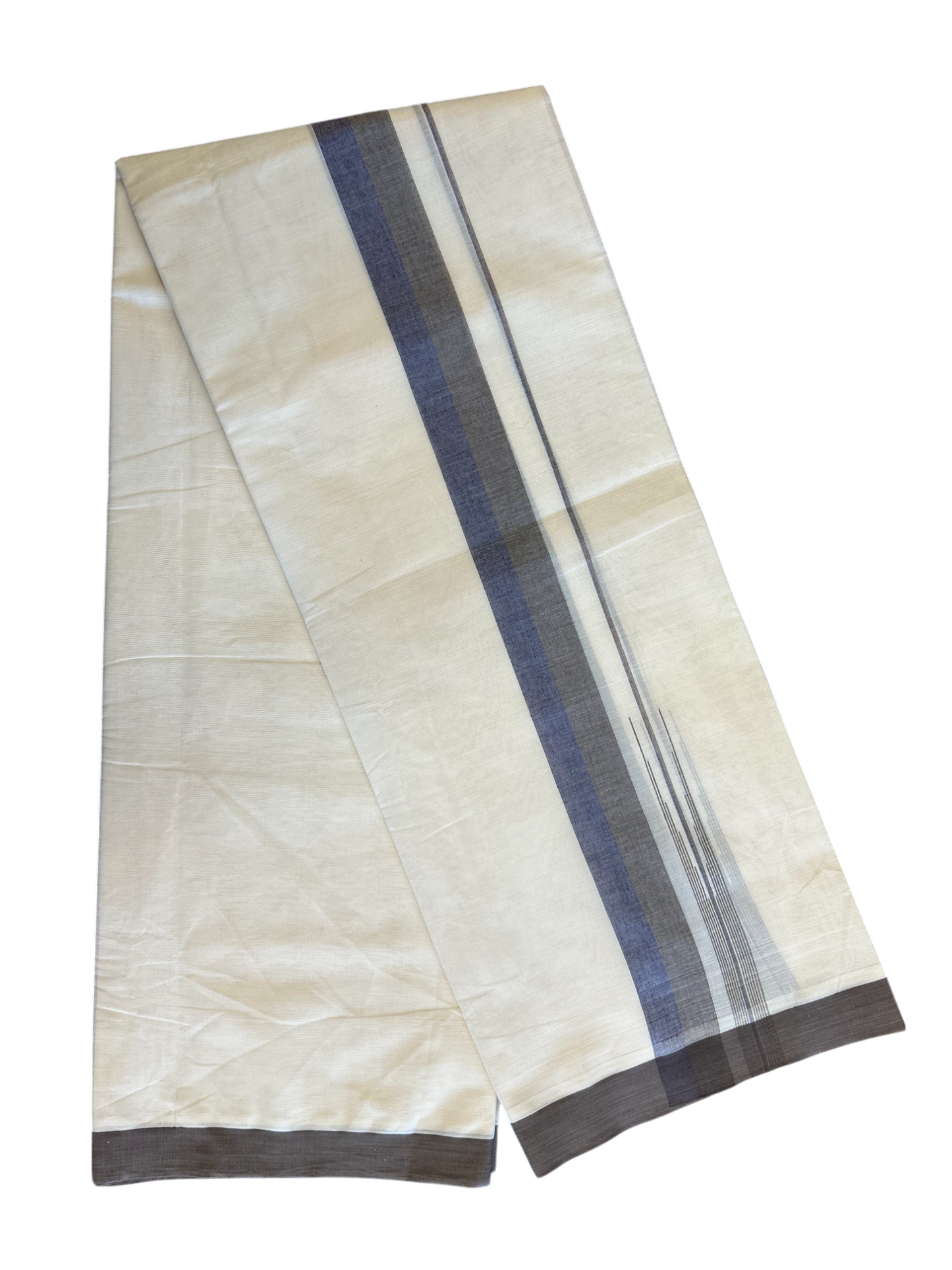 10% Discount!!! KaithariKada Balaramapuram  Double Off white - (Unbleached) Mundu/Dhoti - 80X90 - 1.75 inch Chocolate brown & Blue puliyilakkara striped chutty - 6KK5042KAI