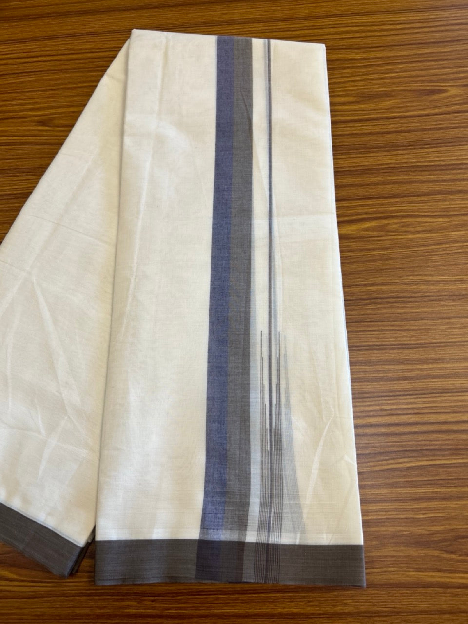 10% Discount!!! KaithariKada Balaramapuram  Double Off white - (Unbleached) Mundu/Dhoti - 80X90 - 1.75 inch Chocolate brown & Blue puliyilakkara striped chutty - 6KK5042KAI