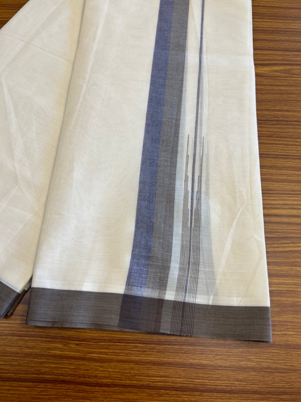 10% Discount!!! KaithariKada Balaramapuram  Double Off white - (Unbleached) Mundu/Dhoti - 80X90 - 1.75 inch Chocolate brown & Blue puliyilakkara striped chutty - 6KK5042KAI