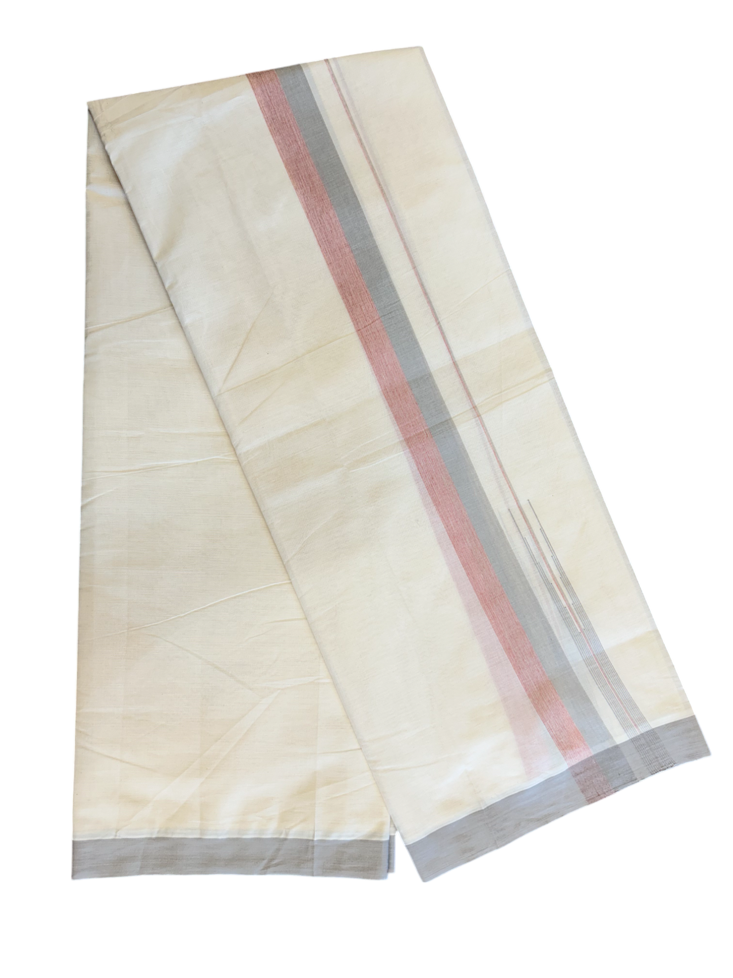 10% Discount!!! KaithariKada Balaramapuram Double Off white -(Unbleached) Mundu/Dhoti - 80X90 - 1.75 inch Light Grey & Brick Red Shaded puliyilakkara striped chutty - 8KK5042KAI