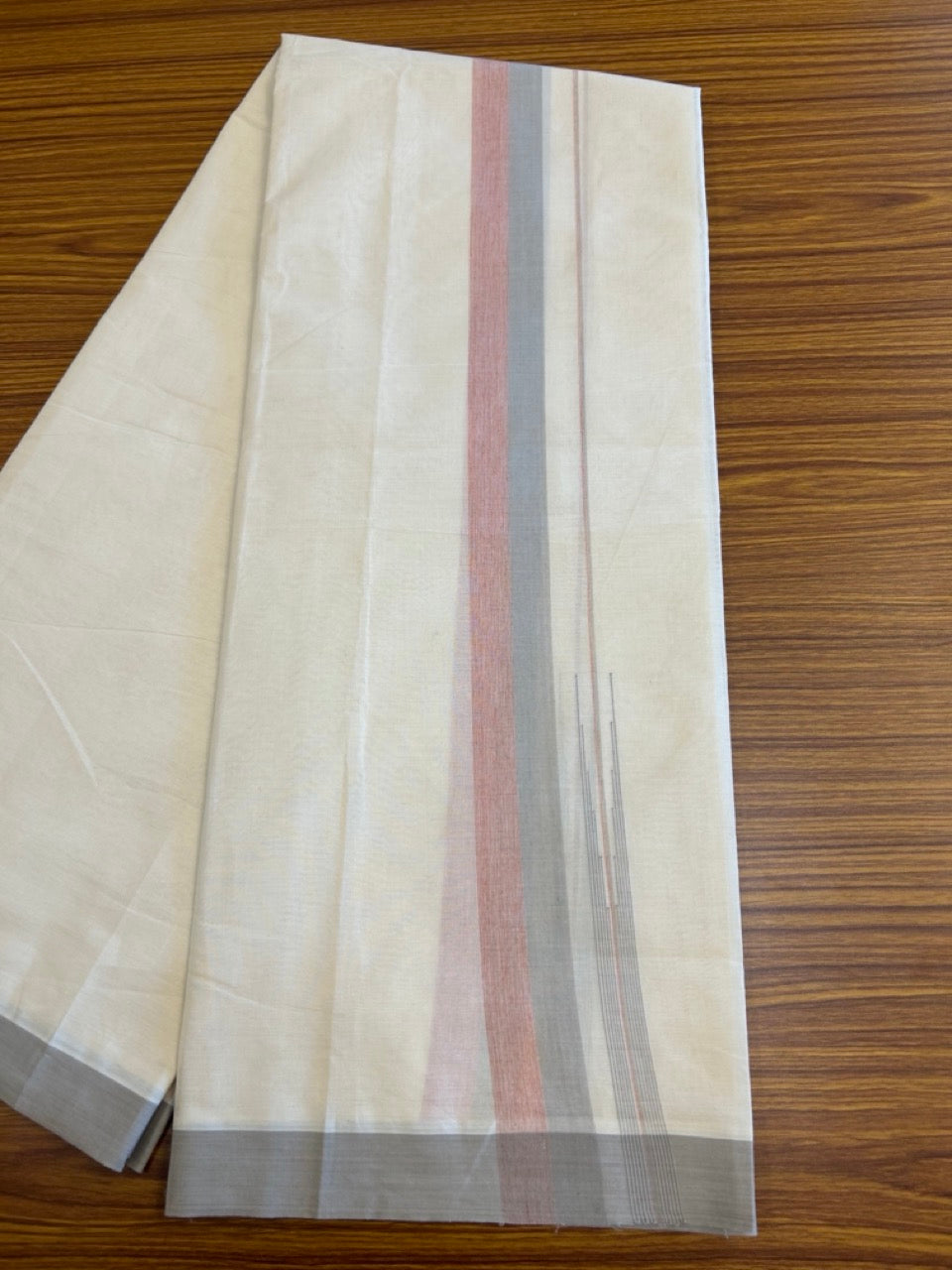 10% Discount!!! KaithariKada Balaramapuram Double Off white -(Unbleached) Mundu/Dhoti - 80X90 - 1.75 inch Light Grey & Brick Red Shaded puliyilakkara striped chutty - 8KK5042KAI