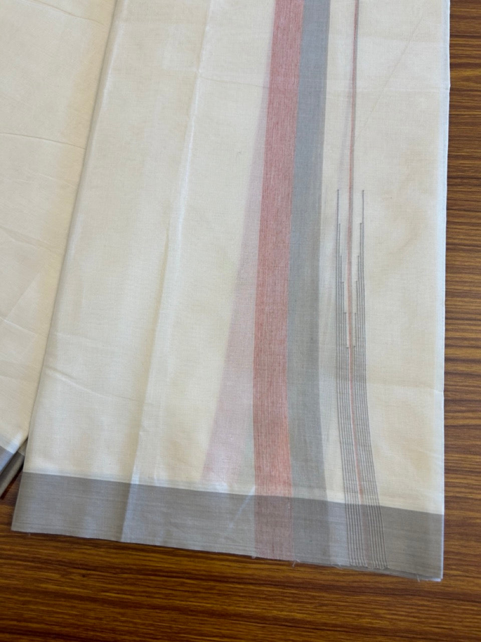 10% Discount!!! KaithariKada Balaramapuram Double Off white -(Unbleached) Mundu/Dhoti - 80X90 - 1.75 inch Light Grey & Brick Red Shaded puliyilakkara striped chutty - 8KK5042KAI