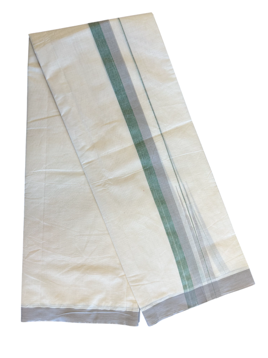 10% Discount!!! KaithariKada Balaramapuram Double Off white - (Unbleached) Mundu/Dhoti - 80X90 - 1.75 inch Light Grey & Green Shaded puliyilakkara striped chutty - 9KK5042KAI