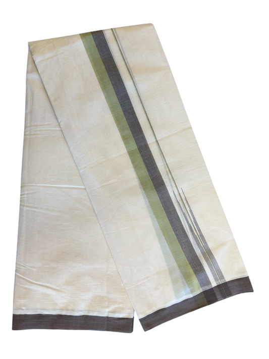 10% Discount!!! KaithariKada Balaramapuram Double Off white - (Unbleached) Mundu/Dhoti - 80X90 - 1.75 inch  Chocolate Brown & Parrot Green puliyilakkara striped chutty - 10KK5042KAI