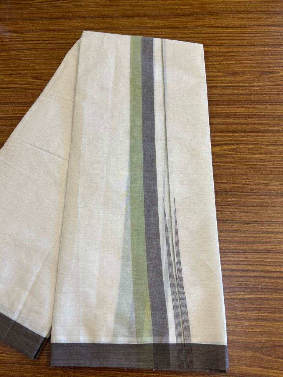 10% Discount!!! KaithariKada Balaramapuram Double Off white - (Unbleached) Mundu/Dhoti - 80X90 - 1.75 inch  Chocolate Brown & Parrot Green puliyilakkara striped chutty - 10KK5042KAI