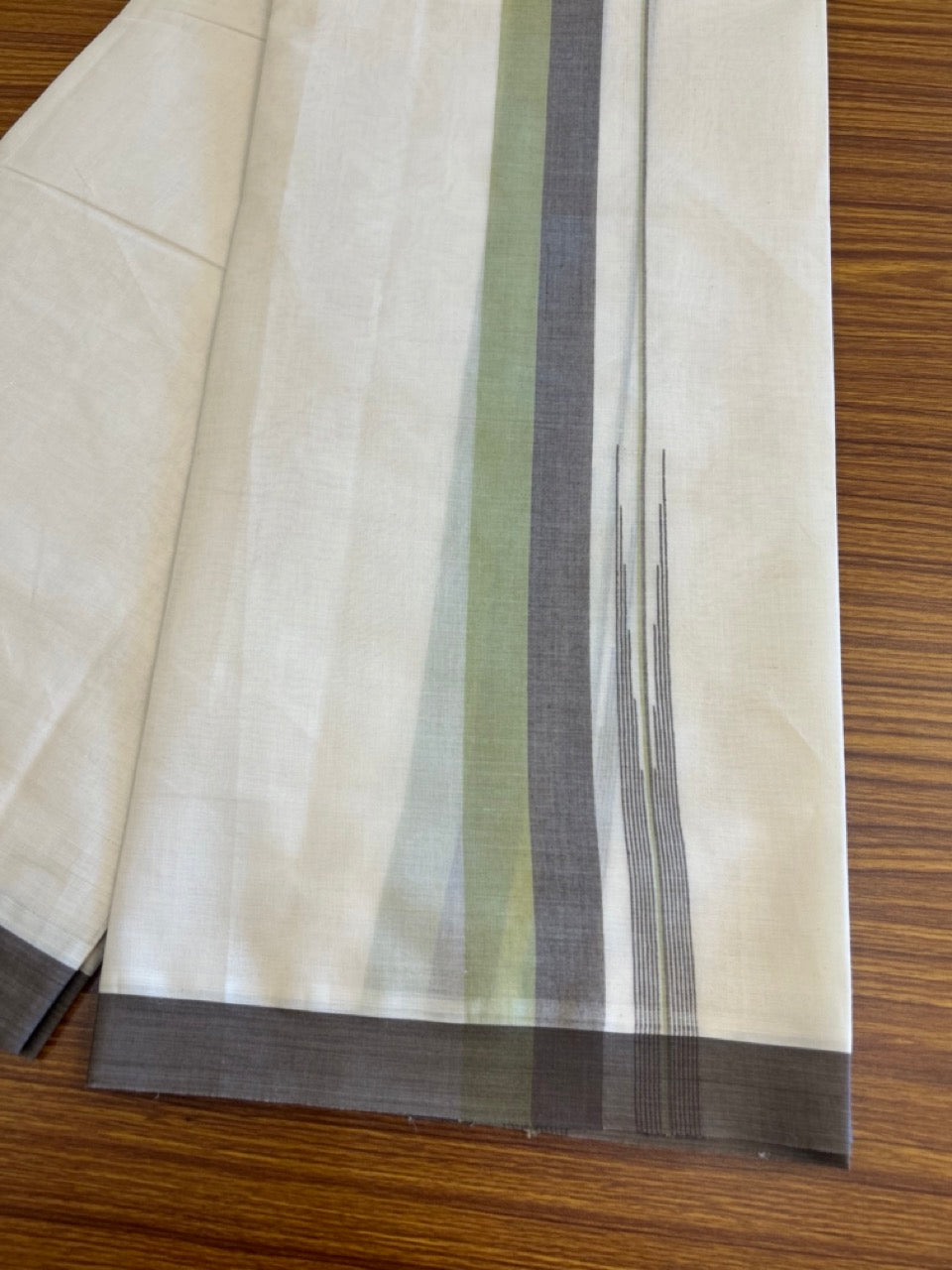 10% Discount!!! KaithariKada Balaramapuram Double Off white - (Unbleached) Mundu/Dhoti - 80X90 - 1.75 inch  Chocolate Brown & Parrot Green puliyilakkara striped chutty - 10KK5042KAI