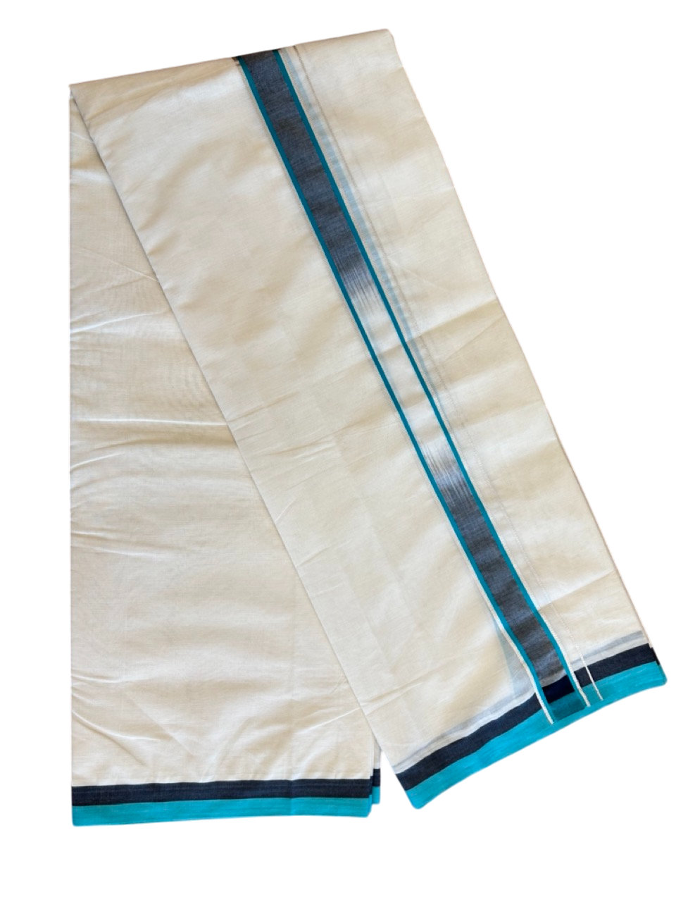 19% Discount!!! KaithariKada Balaramapuram  Double Off white - (Unbleached) Mundu/Dhoti - 80X90 - 2.25 inch Black & Dark Turquoise Green Silver Striped Designer Kara- 11KK5042KAI