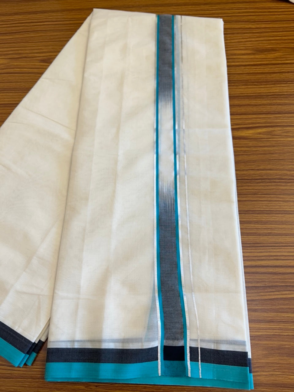 19% Discount!!! KaithariKada Balaramapuram  Double Off white - (Unbleached) Mundu/Dhoti - 80X90 - 2.25 inch Black & Dark Turquoise Green Silver Striped Designer Kara- 11KK5042KAI