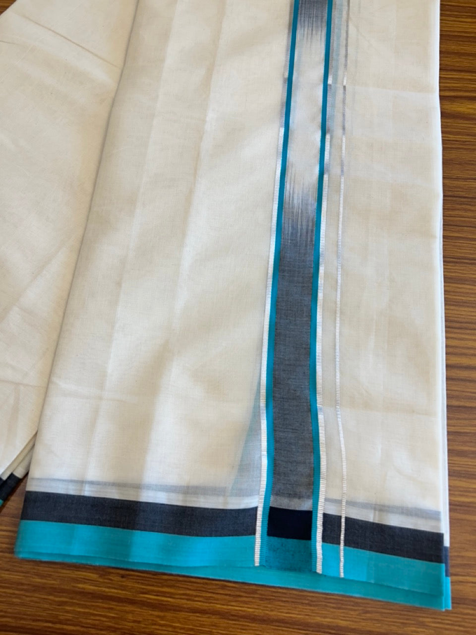 19% Discount!!! KaithariKada Balaramapuram  Double Off white - (Unbleached) Mundu/Dhoti - 80X90 - 2.25 inch Black & Dark Turquoise Green Silver Striped Designer Kara- 11KK5042KAI