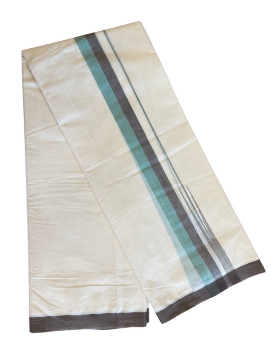 10% Discount!!! KaithariKada Balaramapuram Double Off white - (Unbleached) Mundu/Dhoti - 80X90 - 1.75 inch  Chocolate Brown & Aqua Green puliyilakkara striped chutty - 12KK5042KAI