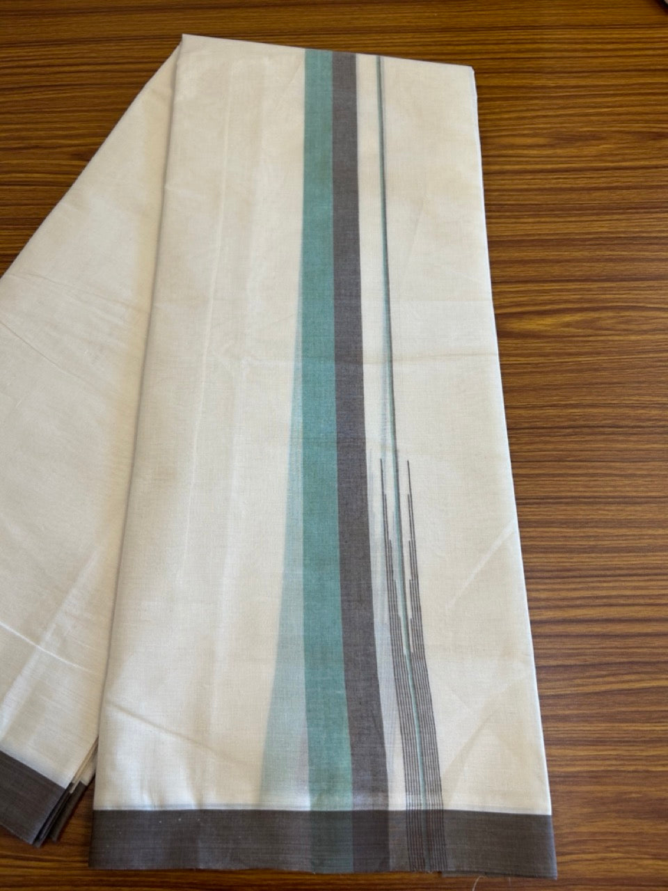 10% Discount!!! KaithariKada Balaramapuram Double Off white - (Unbleached) Mundu/Dhoti - 80X90 - 1.75 inch  Chocolate Brown & Aqua Green puliyilakkara striped chutty - 12KK5042KAI