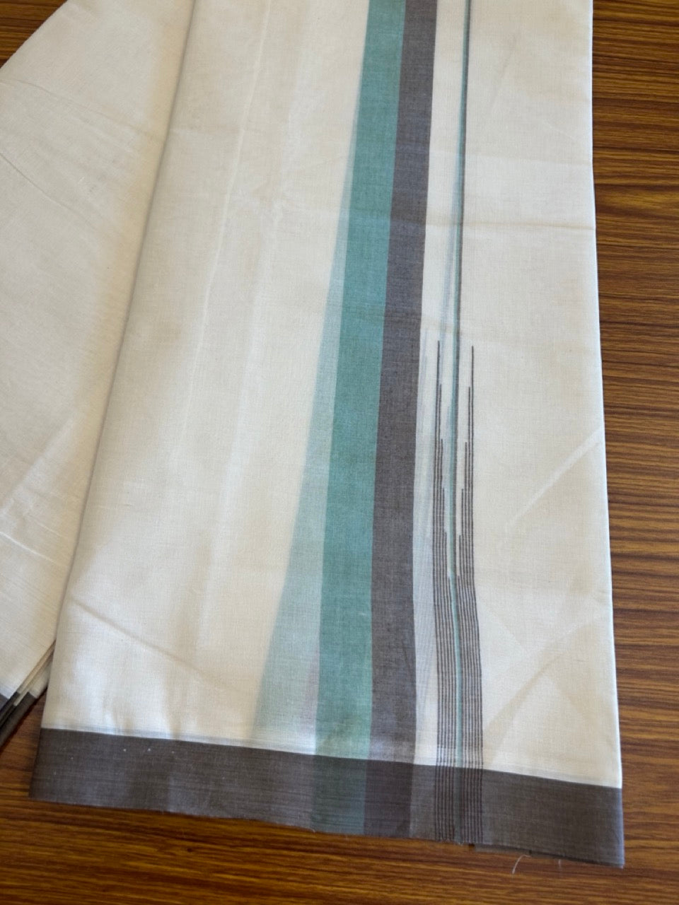 10% Discount!!! KaithariKada Balaramapuram Double Off white - (Unbleached) Mundu/Dhoti - 80X90 - 1.75 inch  Chocolate Brown & Aqua Green puliyilakkara striped chutty - 12KK5042KAI