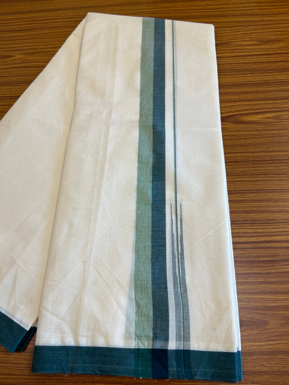 10% Discount!!! KaithariKada Balaramapuram Double Off white - (Unbleached) Mundu/Dhoti - 80X90 - 1.75 inch Dark Green & Light Green shaded puliyilakkara striped chutty - 13KK5042KAI