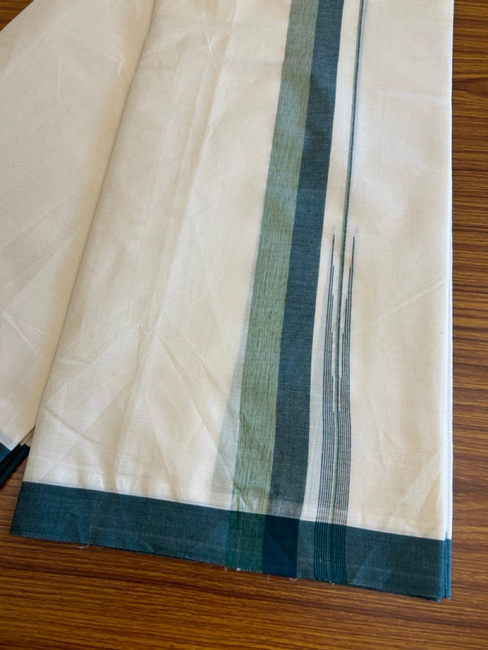 10% Discount!!! KaithariKada Balaramapuram Double Off white - (Unbleached) Mundu/Dhoti - 80X90 - 1.75 inch Dark Green & Light Green shaded puliyilakkara striped chutty - 13KK5042KAI