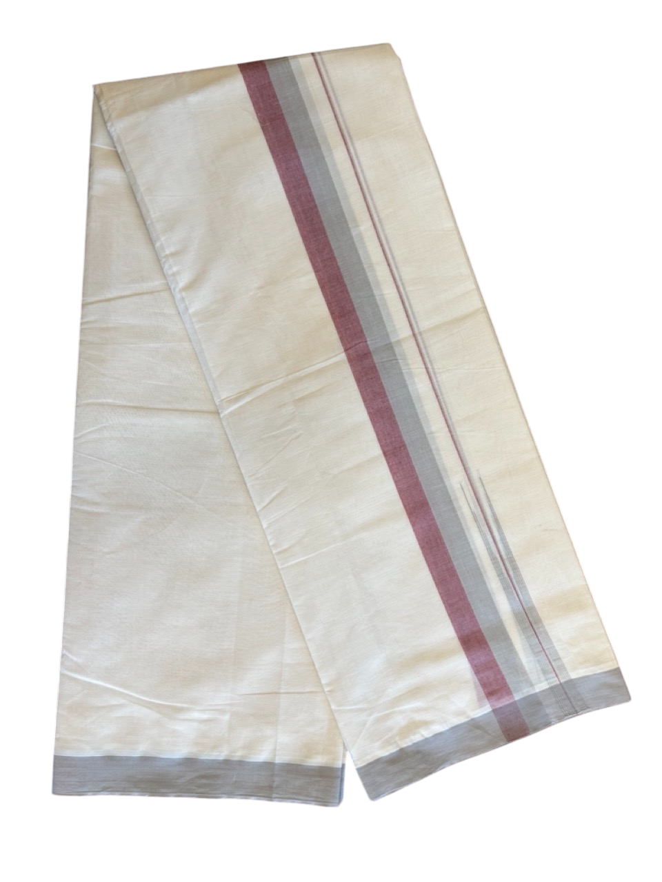 10% Discount!!! KaithariKada Balaramapuram Double Off white - (Unbleached) Mundu/Dhoti - 80X90 - 1.75 inch Light Grey & Light Maroon puliyilakkara striped chutty - 14KK5042KAI