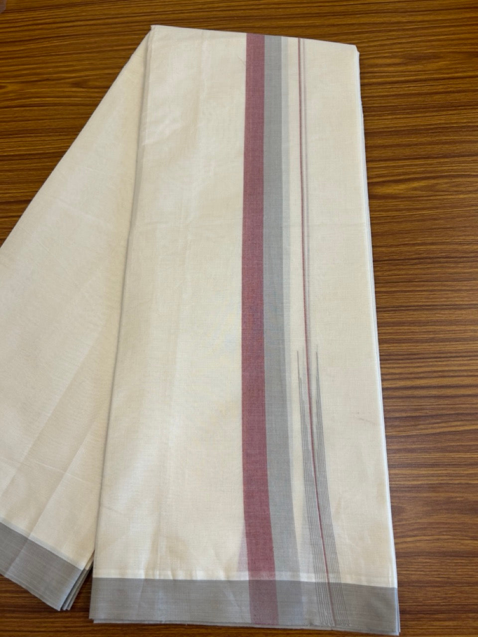 10% Discount!!! KaithariKada Balaramapuram Double Off white - (Unbleached) Mundu/Dhoti - 80X90 - 1.75 inch Light Grey & Light Maroon puliyilakkara striped chutty - 14KK5042KAI