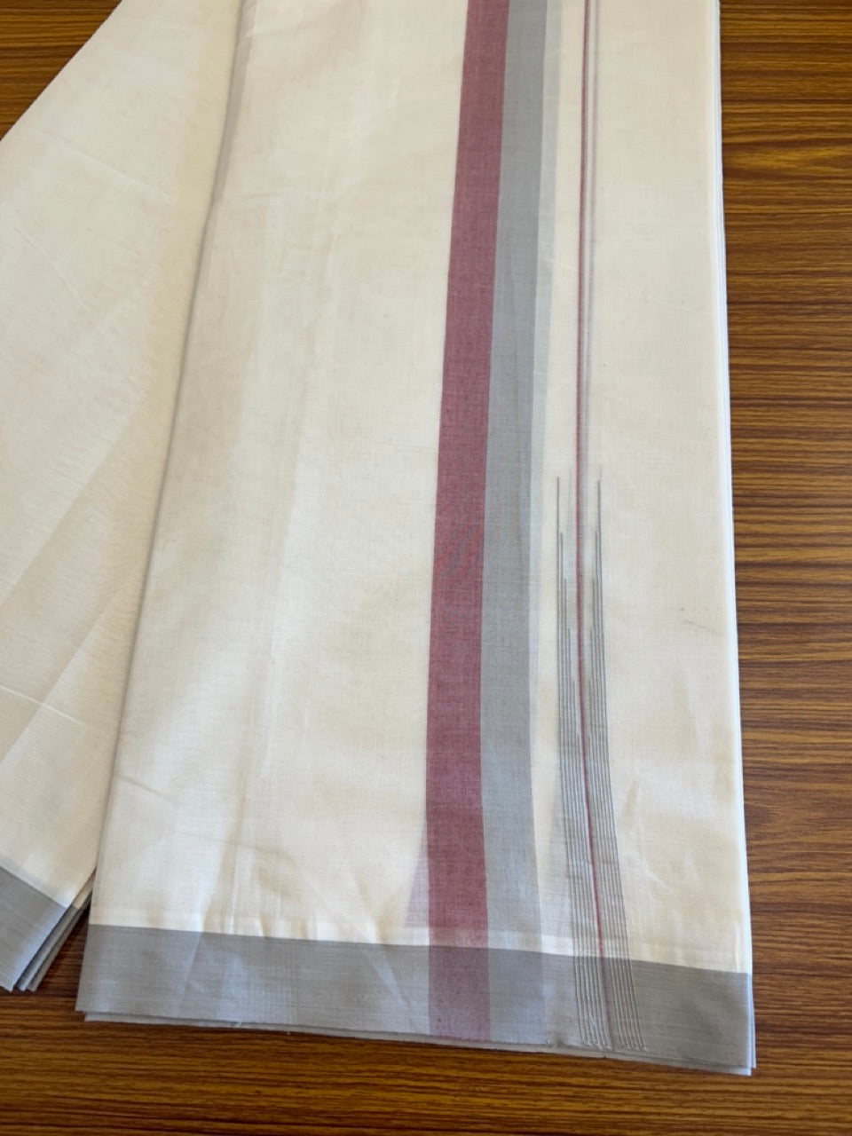 10% Discount!!! KaithariKada Balaramapuram Double Off white - (Unbleached) Mundu/Dhoti - 80X90 - 1.75 inch Light Grey & Light Maroon puliyilakkara striped chutty - 14KK5042KAI