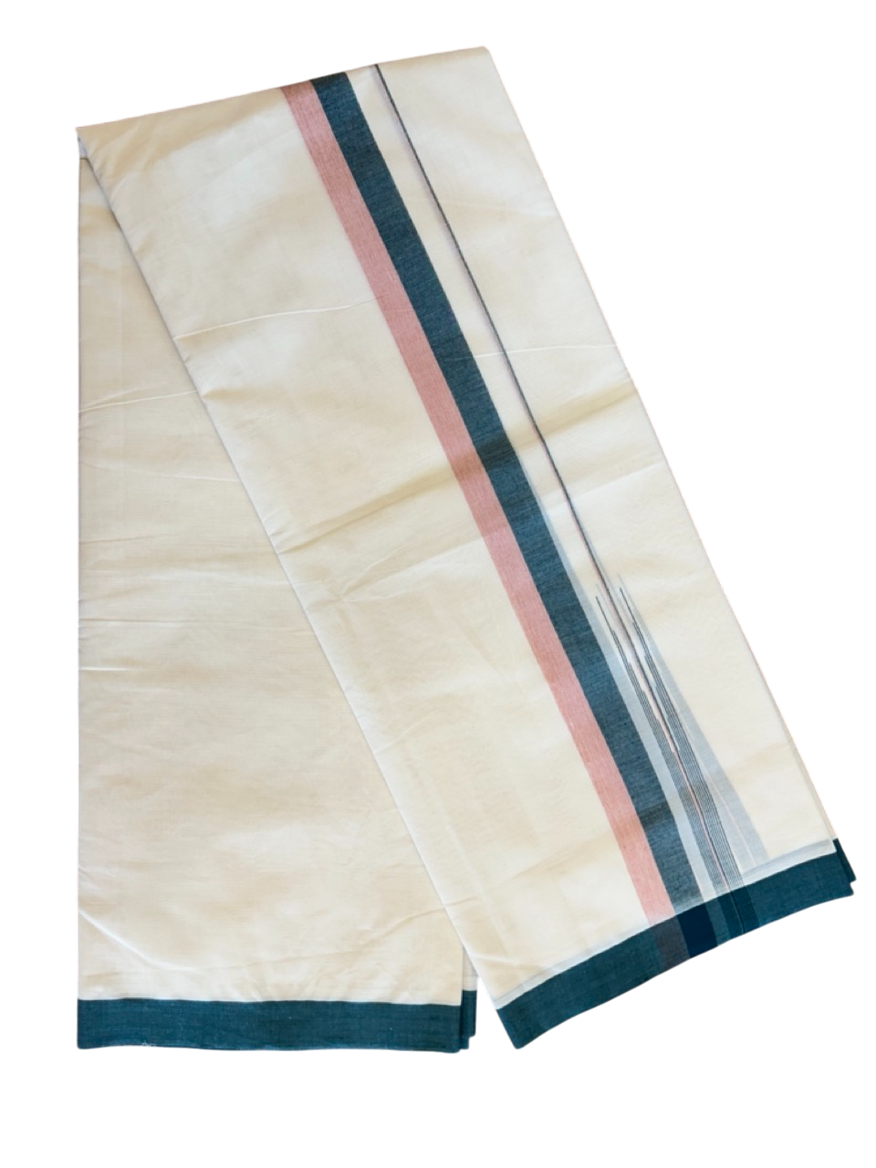 10% Discount!!! KaithariKada Balaramapuram Double Off white - (Unbleached) Mundu/Dhoti - 80X90 - 1.75 inch Dark Green &  Peach shaded puliyilakkara striped chutty - 15KK5042KAI