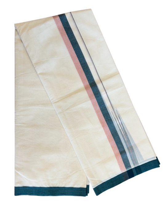 10% Discount!!! KaithariKada Balaramapuram Double Off white - (Unbleached) Mundu/Dhoti - 80X90 - 1.75 inch Dark Green &  Peach shaded puliyilakkara striped chutty - 15KK5042KAI