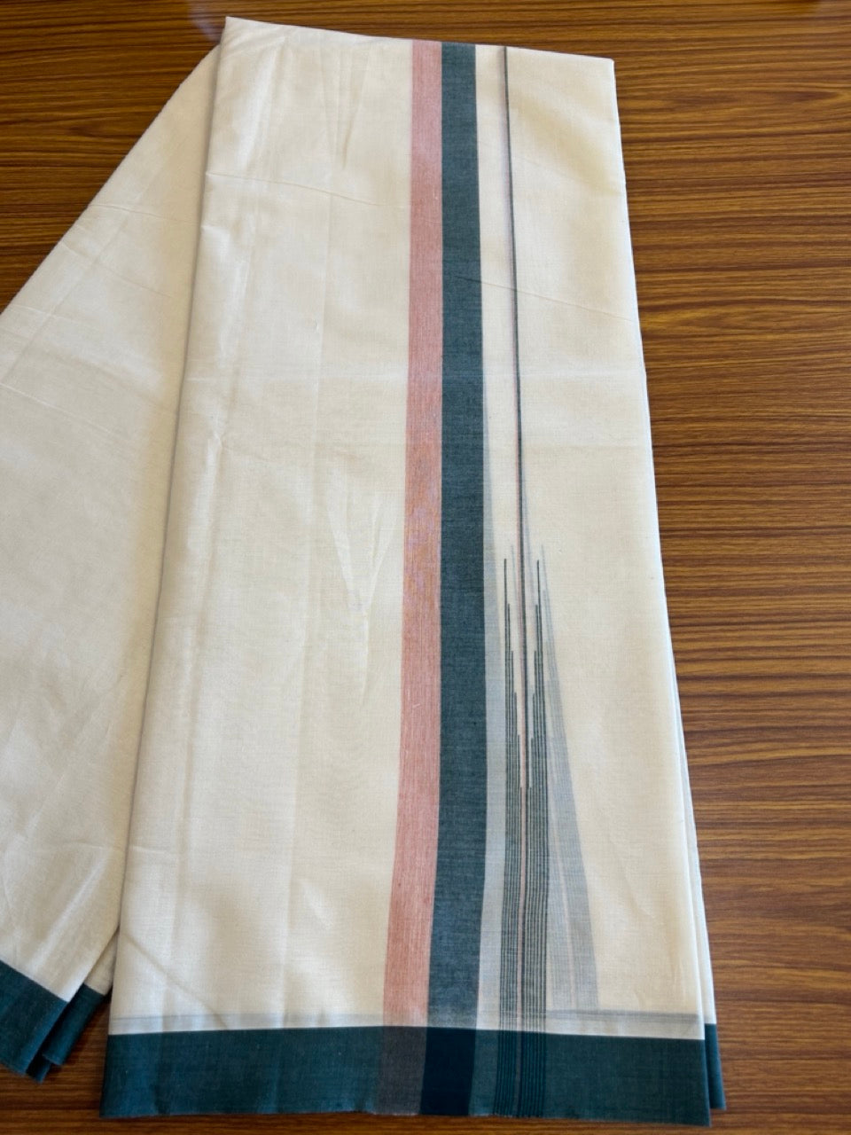 10% Discount!!! KaithariKada Balaramapuram Double Off white - (Unbleached) Mundu/Dhoti - 80X90 - 1.75 inch Dark Green &  Peach shaded puliyilakkara striped chutty - 15KK5042KAI