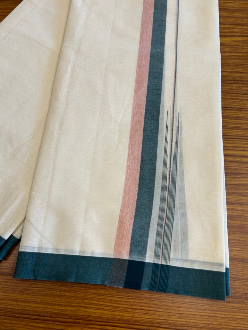 10% Discount!!! KaithariKada Balaramapuram Double Off white - (Unbleached) Mundu/Dhoti - 80X90 - 1.75 inch Dark Green &  Peach shaded puliyilakkara striped chutty - 15KK5042KAI