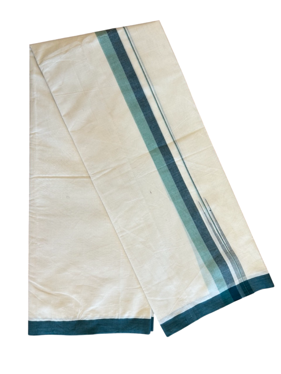 10% Discount!!! KaithariKada Balaramapuram Double Off white - (Unbleached) Mundu/Dhoti - 80X90 - 1.75 inch Dark Green & Light Green puliyilakkara striped chutty - 16KK5042KAI