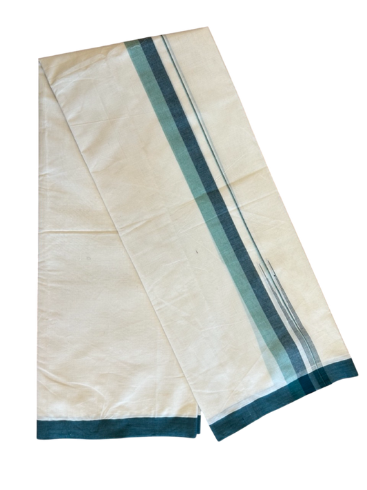 10% Discount!!! KaithariKada Balaramapuram Double Off white - (Unbleached) Mundu/Dhoti - 80X90 - 1.75 inch Dark Green & Light Green puliyilakkara striped chutty - 16KK5042KAI