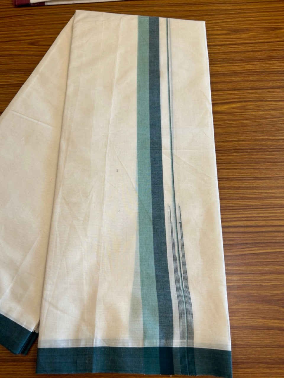 10% Discount!!! KaithariKada Balaramapuram Double Off white - (Unbleached) Mundu/Dhoti - 80X90 - 1.75 inch Dark Green & Light Green puliyilakkara striped chutty - 16KK5042KAI