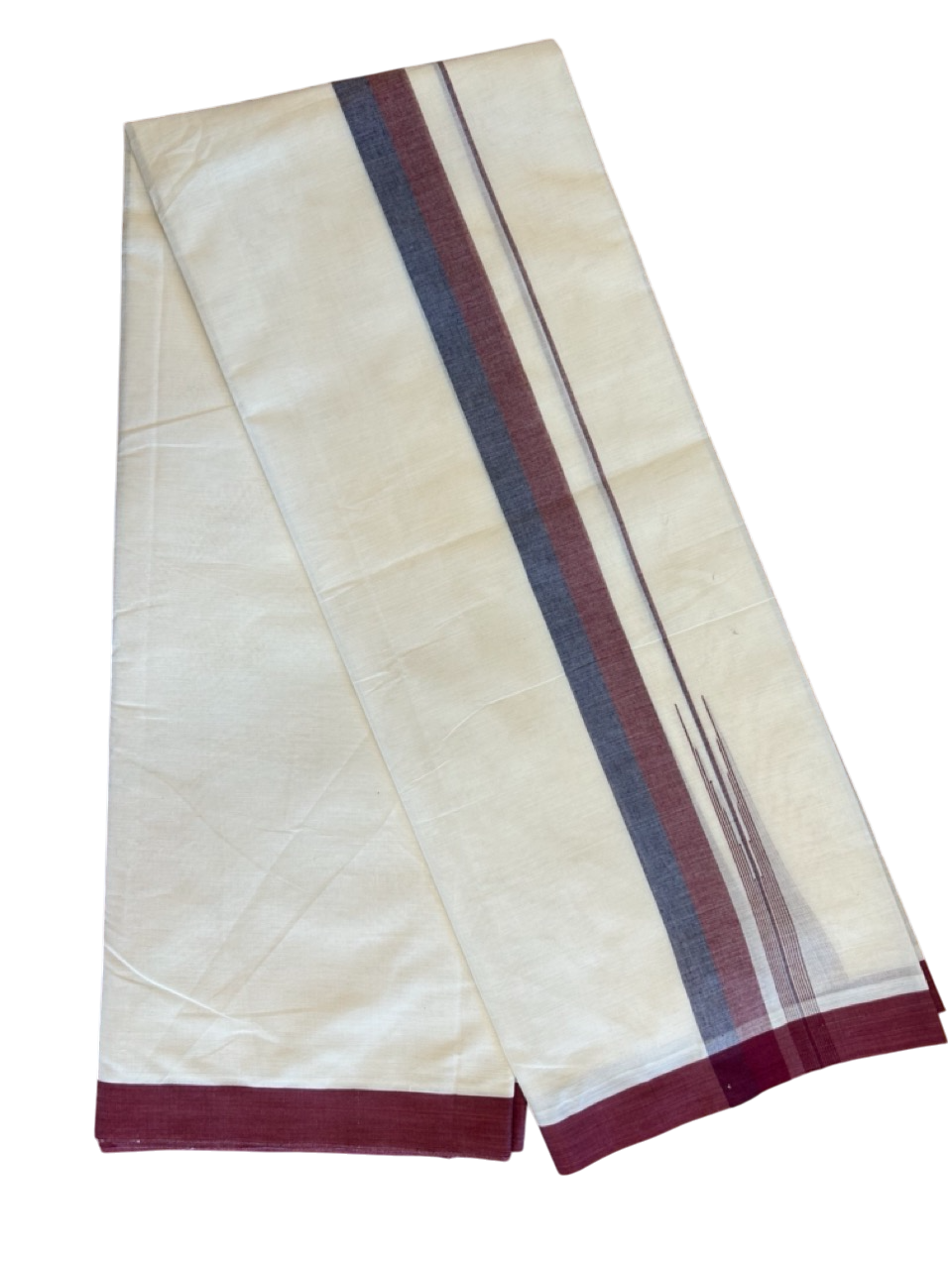 10% Discount!!! KaithariKada Balaramapuram Double Off white - (Unbleached) Mundu/Dhoti - 80X90 - 1.75 inch Maroon & Violet puliyilakkara striped chutty - 17KK5042KAI