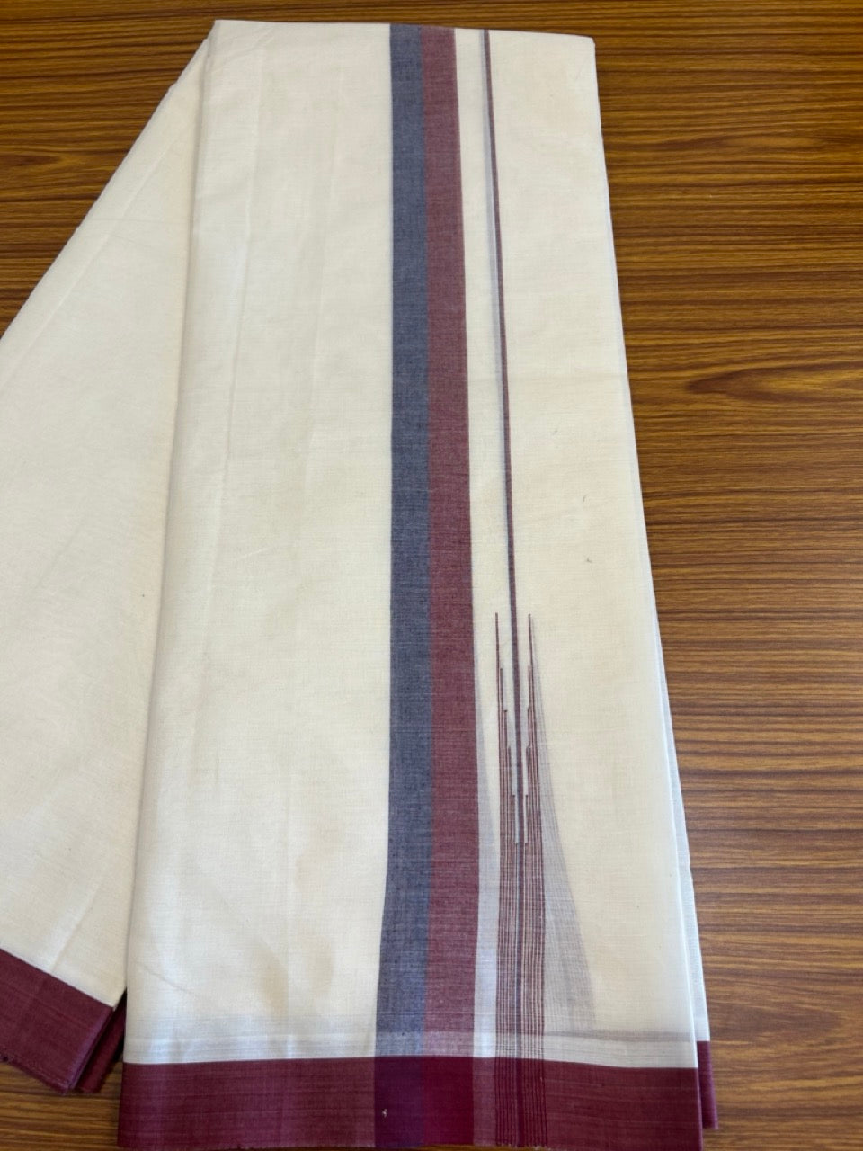 10% Discount!!! KaithariKada Balaramapuram Double Off white - (Unbleached) Mundu/Dhoti - 80X90 - 1.75 inch Maroon & Violet puliyilakkara striped chutty - 17KK5042KAI