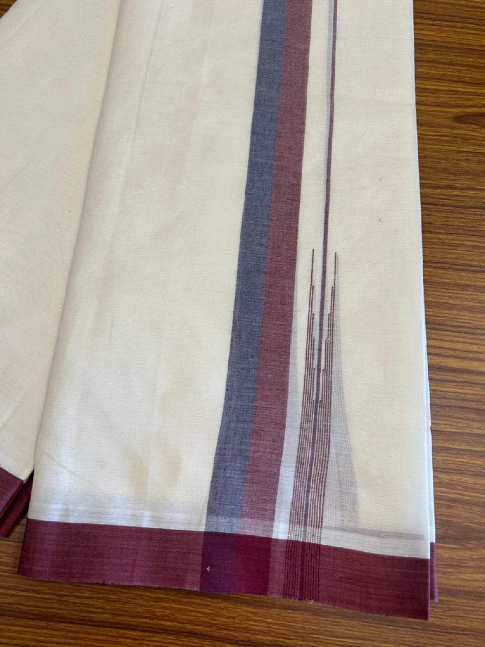 10% Discount!!! KaithariKada Balaramapuram Double Off white - (Unbleached) Mundu/Dhoti - 80X90 - 1.75 inch Maroon & Violet puliyilakkara striped chutty - 17KK5042KAI