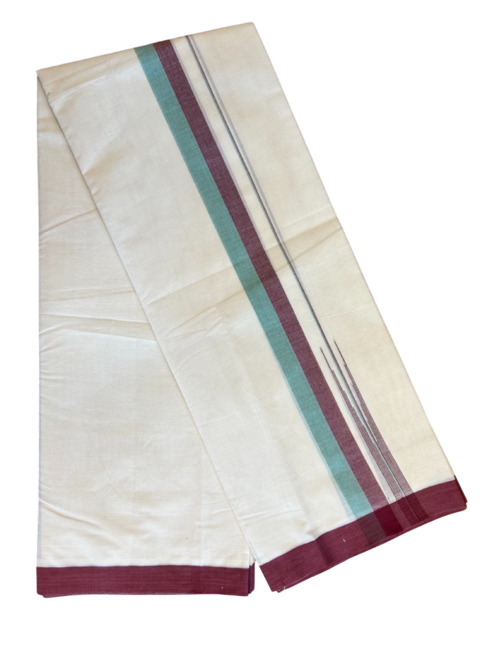 10% Discount!!! KaithariKada Balaramapuram Double Off white - (Unbleached) Mundu/Dhoti - 80X90 - 1.75 inch Maroon &  Aqua Green puliyilakkara striped chutty - 19KK5042KAI