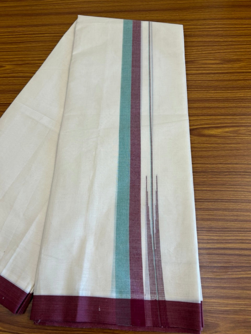 10% Discount!!! KaithariKada Balaramapuram Double Off white - (Unbleached) Mundu/Dhoti - 80X90 - 1.75 inch Maroon &  Aqua Green puliyilakkara striped chutty - 19KK5042KAI