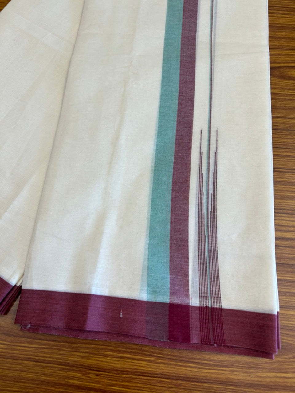 10% Discount!!! KaithariKada Balaramapuram Double Off white - (Unbleached) Mundu/Dhoti - 80X90 - 1.75 inch Maroon &  Aqua Green puliyilakkara striped chutty - 19KK5042KAI