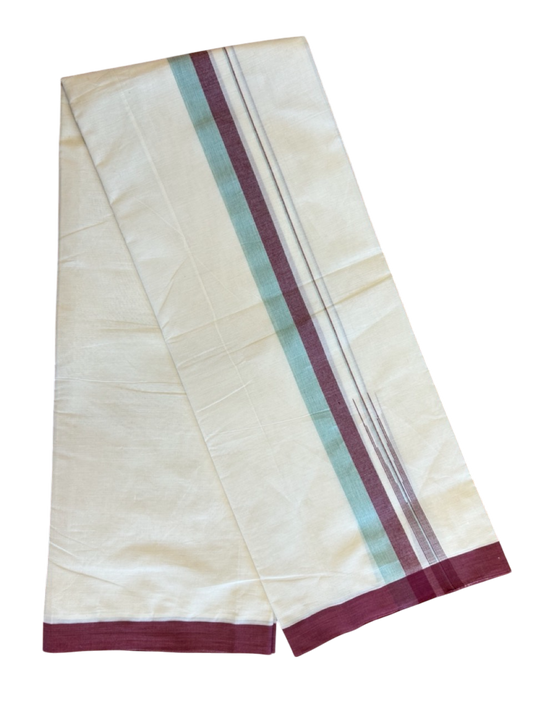 10% Discount!!! KaithariKada Balaramapuram Double Off white - (Unbleached) Mundu/Dhoti - 80X90 - 1.75 inch Maroon & Aqua Green Shaded puliyilakkara striped chutty - 21KK5042KAI