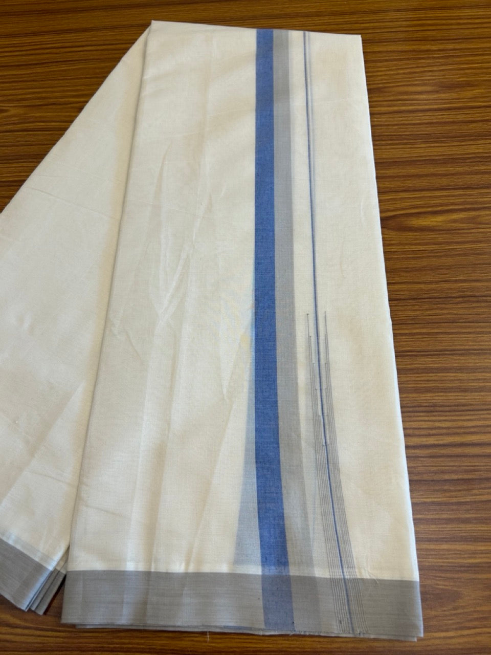 10% Discount!!! KaithariKada Balaramapuram Double Off white - (Unbleached) Mundu/Dhoti - 80X90 - 1.75 inch Light Grey & Royal Blue puliyilakkara striped chutty - 22KK5042KAI