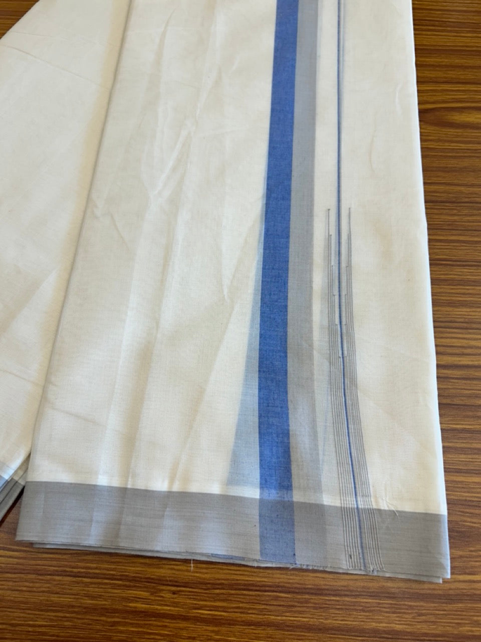 10% Discount!!! KaithariKada Balaramapuram Double Off white - (Unbleached) Mundu/Dhoti - 80X90 - 1.75 inch Light Grey & Royal Blue puliyilakkara striped chutty - 22KK5042KAI