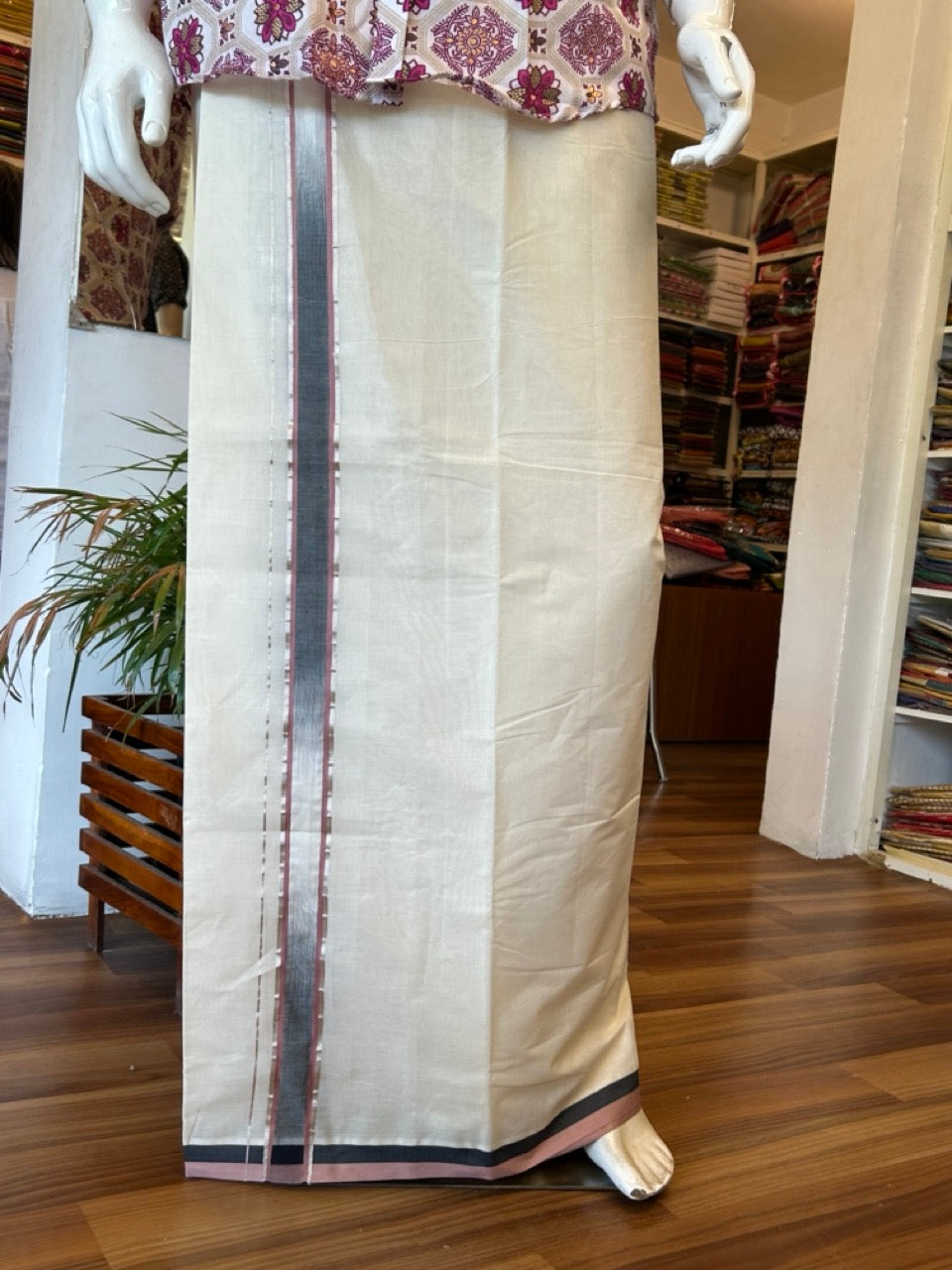 19% Discount!!! KaithariKada Balaramapuram  Double Off white - (Unbleached) Mundu/Dhoti - 80X90 - 2.25 inch Black & Dark Peach Silver Striped Designer Kara- 1KK5042KAI