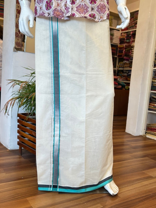 19% Discount!!! KaithariKada Balaramapuram  Double Off white - (Unbleached) Mundu/Dhoti - 80X90 - 2.25 inch Black & Dark Turquoise Green Silver Striped Designer Kara- 11KK5042KAI