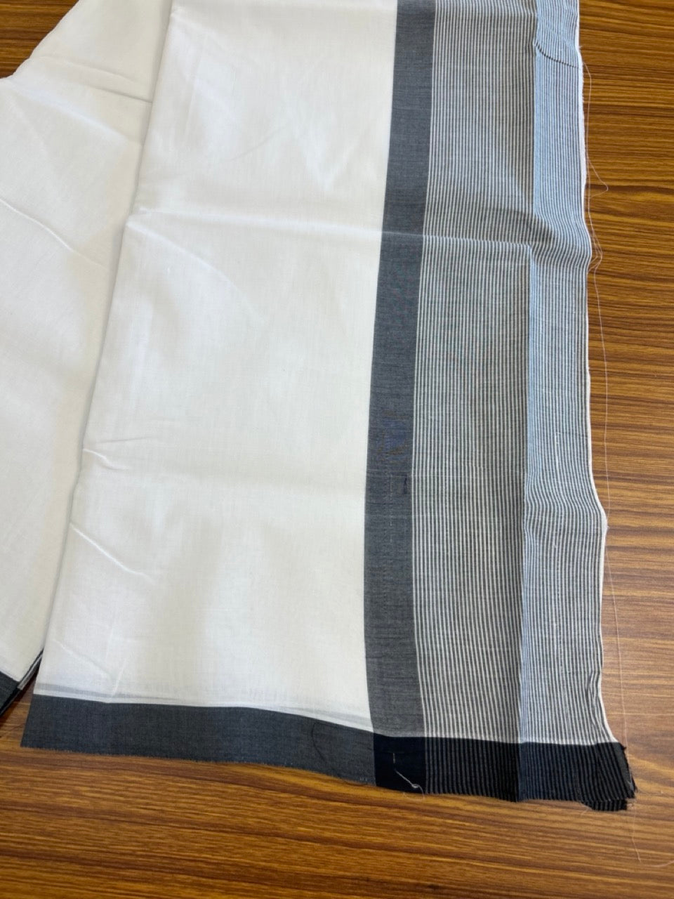 30% DISCOUNT!! KaithariKada Balaramapuram 100% Cotton PURE WHITE Double Mundu/Dhoti-100x100 - 5 inch Black & white striped kara - 27KK5043ASH