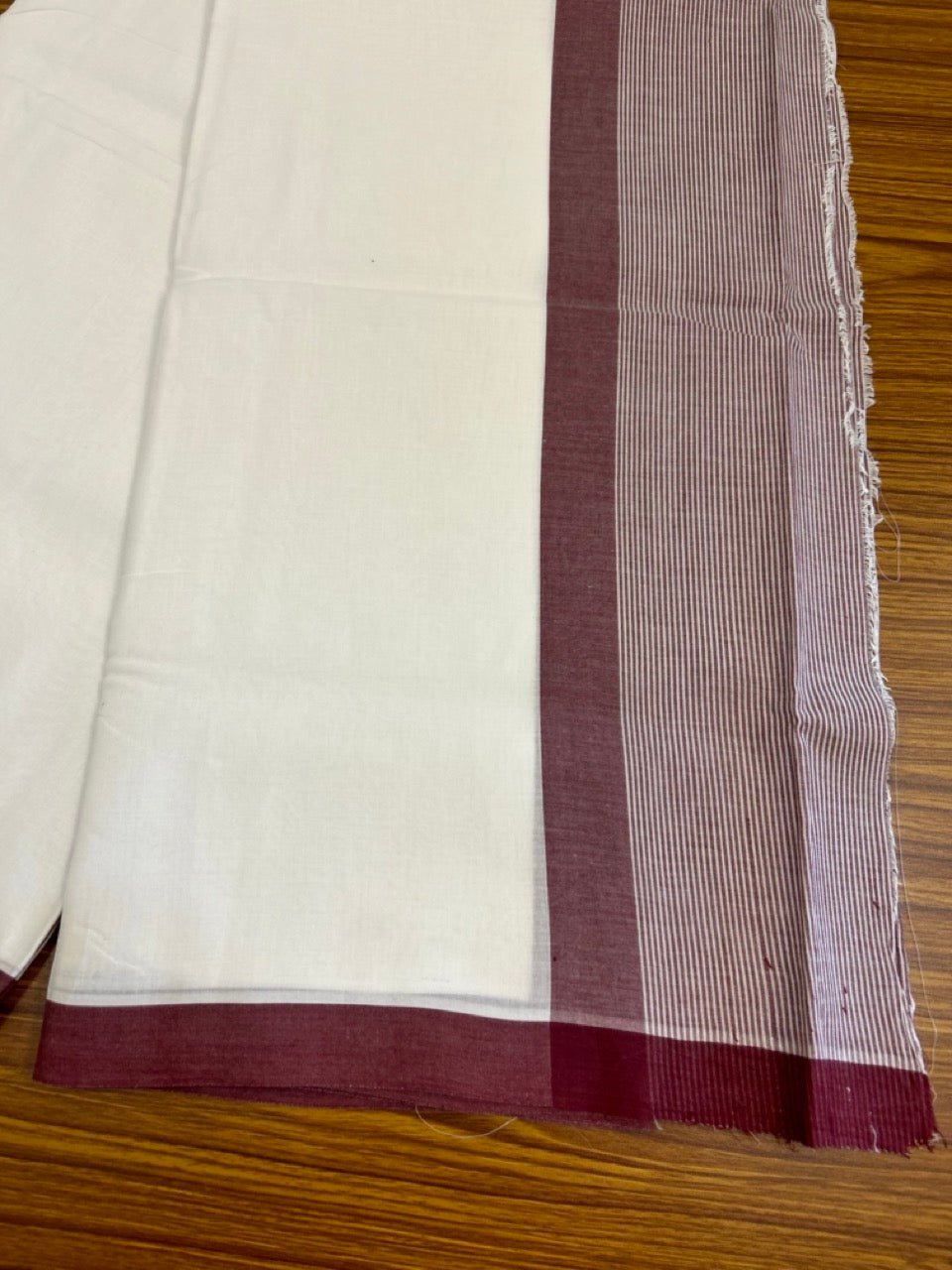 30% DISCOUNT!! KaithariKada Balaramapuram 100% Cotton PURE WHITE Double Mundu/Dhoti-100x100 - 4.5 inch Maroon & white striped kara - 28KK5043ASH