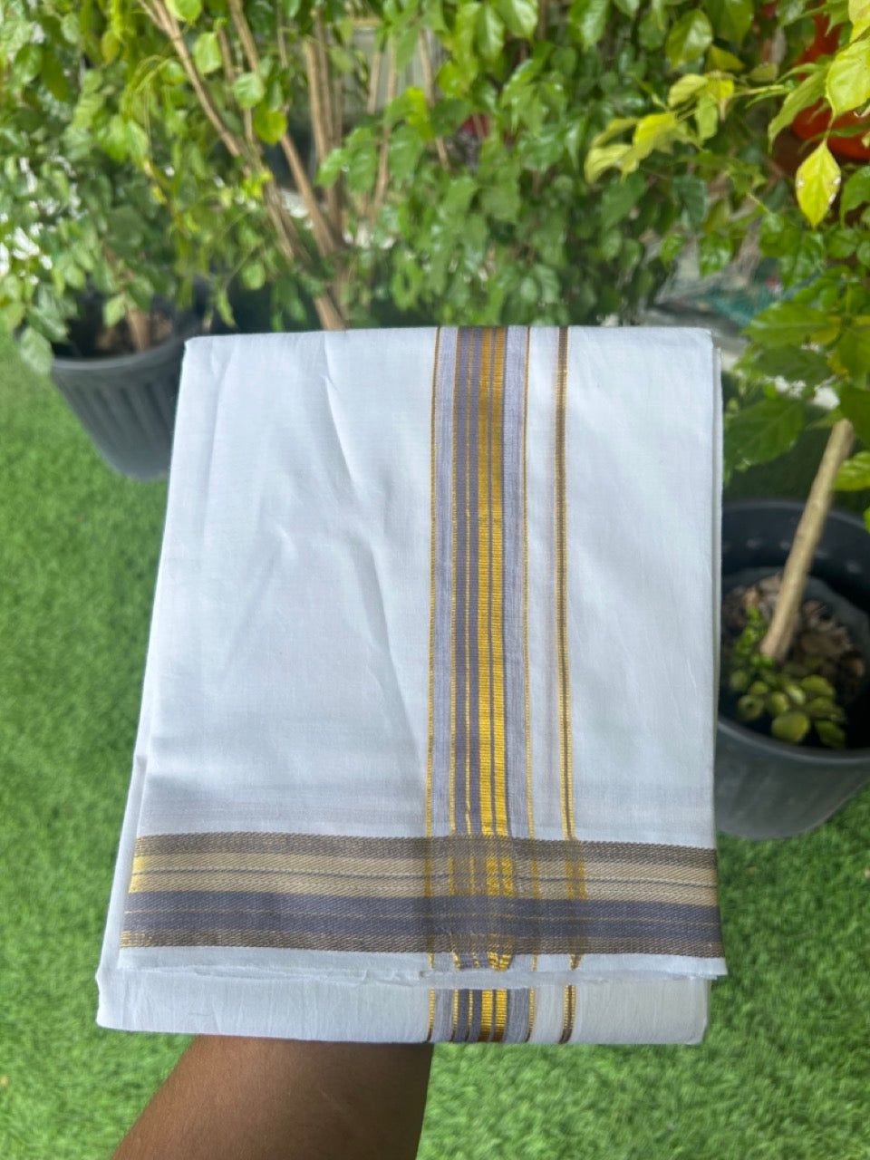 16% DISCOUNT! KaithariKada Balaramapuram 100% Mercerised Cotton Double PURE white Mundu/Dhoti - 100x100  1.5 inch Lavender & Kasavu striped Kara - 23KK5135GAN