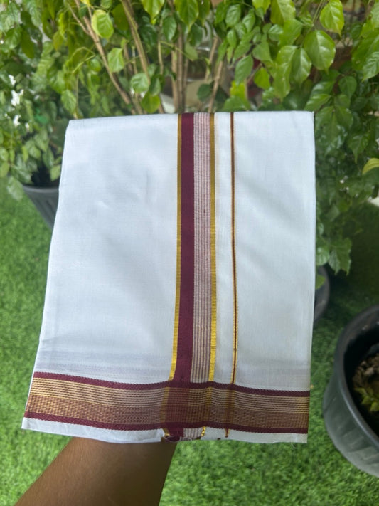 16% DISCOUNT! KaithariKada Balaramapuram 100% Mercerised Cotton Double PURE white Mundu/Dhoti - 100x100  1.25 inch Maroon & Kasavu stripes Kara - 22KK5135GAN