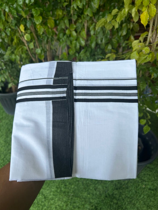 20% DISCOUNT! KaithariKada Balaramapuram 100% Cotton Double PURE white Mundu/Dhoti - 100x80 - 1.5 Inch Black Striped Kara - 19KK5135GAN