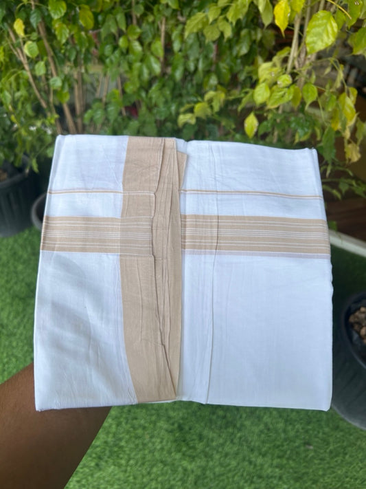 20% DISCOUNT! KaithariKada Balaramapuram 100% Cotton Double PURE white Mundu/Dhoti - 100x80 - 1.25 Inch Sand Brown Center Striped Kara - 15KK5135GAN